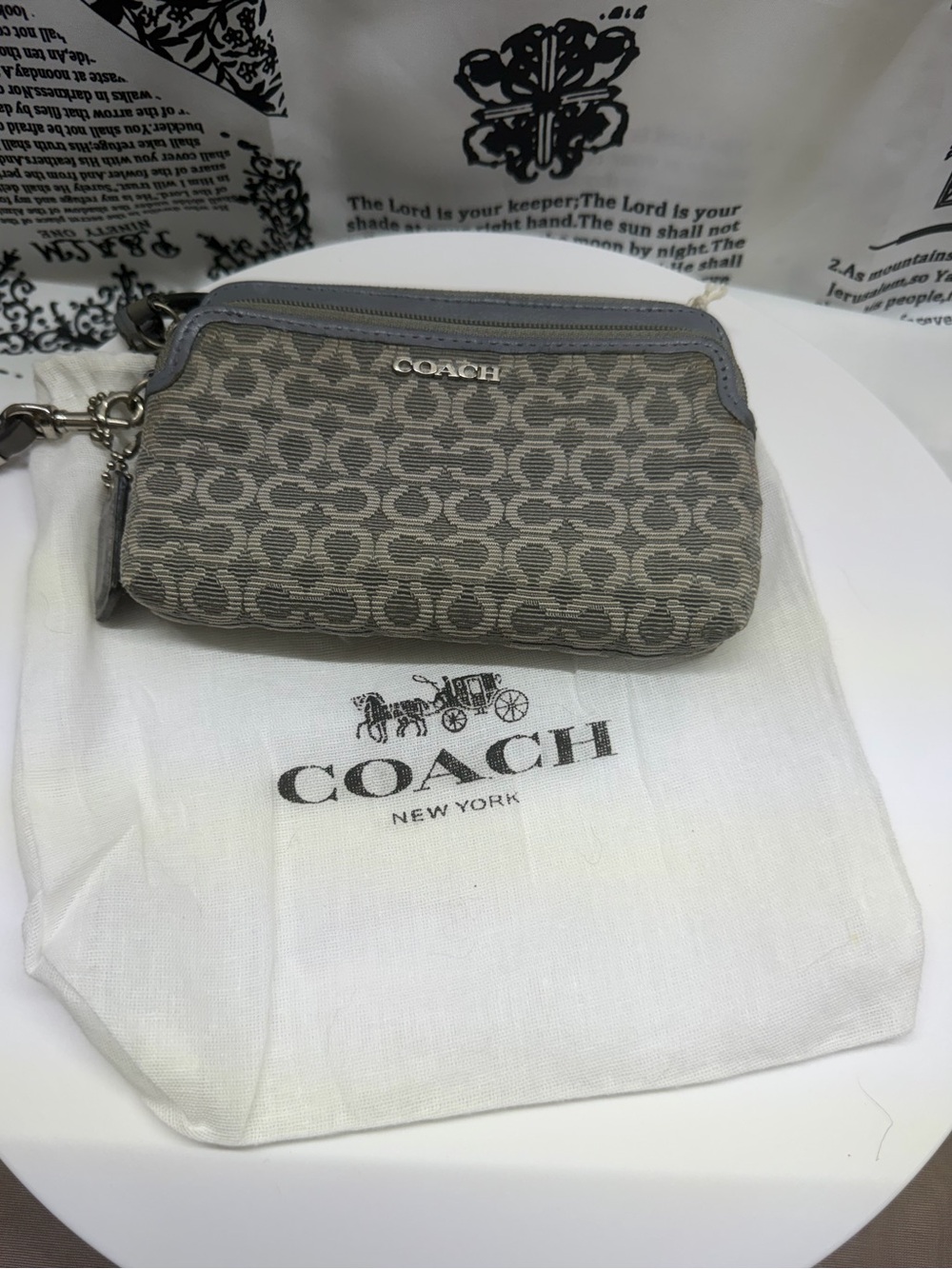 Coach Gray Wristlet with Leather Trim